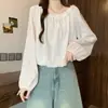 Blusa de encaje con cordones, manga larga, estilo nuevo, con volantes, forma de capullo, para mujer, top holgado y adelgazante