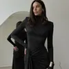Outono 2025 Novo Estilo Outono Gola Alta Manga Longa Moda Patchwork Nó de Amarração Bodycon Justo Vestido para Mulheres