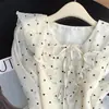 Blusa feminina de manga longa com decote V e babados estilo francês, chiffon acetinado para primavera/verão, luxo leve, alta qualidade, elegante, top com amarração no pescoço