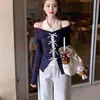 Moda Pura Desejo Hottie Ombro a Ombro Gola Lapela Tricô Feminino Outono e Inverno Slim Laço Falso Peça Dupla Manga Longa