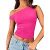 Top Europeo y Americano Transfronterizo de Cuello Oblicuo Sexy Spice Girls Hombro Oblicuo Color Sólido Chaleco Verano para Mujer Jersey con Hombro Descubierto Ombligo Ropa de Mujer