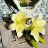 Flor de Lírio Artificial 3D de Cabeça Dupla Broto Pintura a Óleo Lírio 3 Cabeças de Flor com Película de Broto Azul Roxo Verde Menta Cruz de Casamento