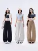 Calça Cargo Casual com Cordão Estilo Coreano Nova Primavera para Mulheres Cintura Alta Solta Uso Bidirecional Jogger Perna Larga Reta Longa