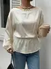 Ropa Femenina Transfronteriza Europea y Americana Escote Barco Satín Ceñidor de Cintura Top Mangas de Farol de Lujo Ligero Temperamento para Viajar Simple Versátil Dama Larga