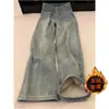 Jeans Vintage de Lã Espesso Estreito Largo para Mulheres, Novo de Inverno Cintura Alta Solto Emagrecedor Perna Reta Comprimento Total