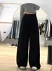 Calça Jeans Feminina Outono Nova, de Cintura Alta, Preta, Forrada, Estilo Americano, Solta, com Pregas, Texturizada, Perna Reta, Perna Larga