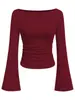 Camiseta sexy de color liso con cuello barco y manga acampanada, estilo europeo y americano para mujer, colección otoño 2026, corte ajustado, fruncida, top adelgazante de manga larga