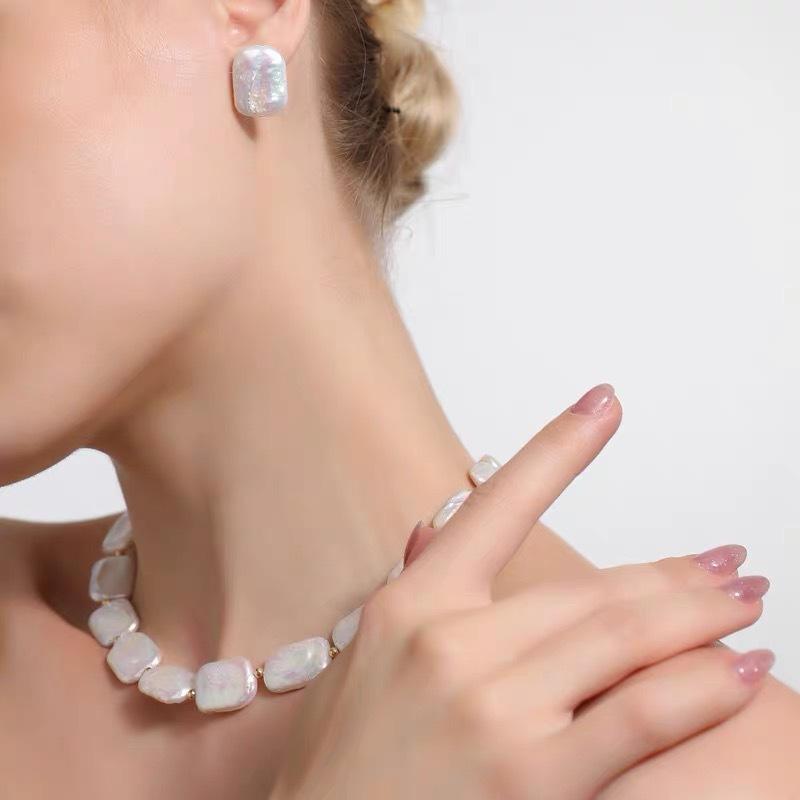 方块巴洛克两件套装天然强光方巴洛克淡水珍珠14k注