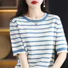 Moderna camiseta de punto de algodón con rayas horizontales, cuello redondo, calados, manga corta para mujer, adelgazante, para ir al trabajo, nueva de primavera