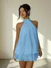 Vestido sexy de primavera e verão estilo europeu e americano para garotas quentes, um item popular para vendas transfronteiriças, perfeito para férias na praia, com design de gola halter em rede e comprimento até o tornozelo, feito de chiffon