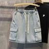 Shorts de Mezclilla para Hombre Verano Delgados Sueltos Cargo Largo hasta la Rodilla Estilo Americano Modernos High Street Rectos Cintura Elástica Shorts de Largo Medio