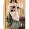 Sudadera Pesada Gris Floral de Cuello Redondo con Gato y Mangas Largas para Mujer, Estilo Holgado Delgado para Cubrir las Caderas, Top sin Capucha para Otoño e Invierno