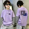 Camiseta de Manga Larga con Parches Rayados para Niños, Falsa Dos Piezas, Capa Base de Algodón Puro, Primavera Otoño 2026 Nuevas Llegadas, Ropa para Niños Medianos y Grandes
