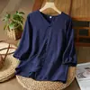 Top Casual Suelto de Moda para Mujer de Verano, Bordado Retro de Algodón y Lino, Cuello en V, Manga Media, Tallas Grandes para Mujeres de Mediana Edad
