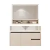 Gabinete de baño de aleación de aluminio tipo panal estilo crema con lavabo integrado de cerámica, lavabo de baño, combinación de gabinete con lavabo para lavado de manos y cara