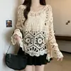 Suéter Hueco de Ganchillo Francés con Mangas de Campana, Nuevo Estilo de Primavera Holgado Negro Exterior, Blusa Elegante y Hermosa