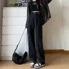 Calça Jeans Wide Leg Preta e Cinza para Mulheres, Estilo Popular Outono 2025, Calça Reta Solta de Cintura Alta Comprimento Total para Inverno