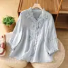 Camiseta Casual Bordada Vintage de Manga Três Quartos com Decote V Emagrecedora, Soltinha, Plus Size para Primavera e Outono