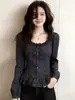 Camisa xadrez com cadarço e babados estilo coreano para mulheres, novo estilo vintage de outono, camisa modeladora A13776