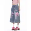 Calça jeans cropped feminina com estampa graffiti retrô americana, novo estilo de verão, modelagem solta, tamanhos grandes, shorts retos de perna larga de 7/8