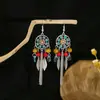 Pendientes Bohemios Azules de Turquesa Estilo Étnico Europeos y Americanos, Pendientes de Borla de Metal Plateado Imitación, Joyería de Borla Vintage para Orejas al por Mayor