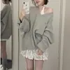 Suéter de punto de color liso retro estilo coreano de longitud media con cuello en V para mujer, abrigo de otoño e invierno, suéter de punto suave tipo perezoso