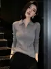 Suéter de malha com gola polo, ombros caídos, mangas compridas, toque de alta qualidade, feminino, estilo outono e inverno, moderno, justo, top base A14587