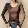 Camisa base de acetato para mujer, nuevo modelo 2026, camiseta de cuello en U bajo, manga larga, corte ajustado, favorecedora, top ligero y cálido para principios de otoño