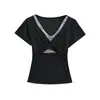 CL2670-26 Camiseta de encaje adelgazante con escote en V y mangas cortas retorcidas para mujer, top adelgazante para verano, pura y casual