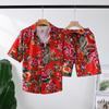 Traje de Camisa de Flores Grandes del Noreste para Hombre de Manga Corta para Pareja de Verano Delgado Rojo Ropa Floral de Rendimiento Set