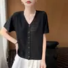 Nuevo cárdigan de ganchillo calado estilo coreano de punto de Lyocell para mujer, manga corta, cuello en V, holgado, simple, adelgazante, camiseta