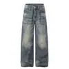 Jeans Masculino Vintage Punk Gradiente Lavado Solto Reto de Perna Larga com Lavagem Branca Desgastada e Design Casual de Comprimento Total