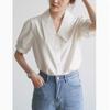 Camisa Blanca de Algodón Vintage con Cuello en V para Viajero de Manga Corta para Mujer con Sentido del Diseño Estilo Francés Camisa Profesional Top