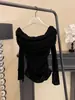 Elegante y Exquisito Suéter de Punto con Mangas Largas y Hombro Descubierto para Mujer, Otoño Puro Deseo Ajustado Favorecedor Top Off-the-Shoulder