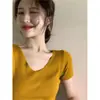 Camiseta de Manga Corta con Cuello en V, Ajuste Delgado, Tejido de Seda de Hielo, Nueva para Verano, Pure Desire, Adelgazante, con Acabado de Lujo, Top Básico Corto para Mujer