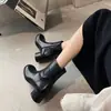 Botas Finas de Couro de Vaca de Primeira Camada Cor Lavada Botas Curtas Outono e Inverno Novas Couro Genuíno Bico Redondo Salto Baixo Grosso Zíper Lateral Botas Curtas Finas Femininas