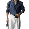 Camisa de Manga Larga para Hombre Estilo Old Money, Cuello Polo, Tejido Arrugado de Algodón y Lino, Business Casual, Primavera y Otoño, Venta al por Mayor de Fábrica Transfronteriza