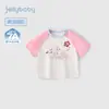 Camiseta de Verão com Manga Curta Jellybaby para Meninas Crianças Cor Contrastante Tops Infantis Estilo Casual Fino Roupas de Verão para Bebês de 6 Anos