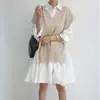 Tallas actualizadas: Vestido camisero de estilo francés chic coreano con hombros descubiertos, mangas abullonadas y dobladillo amplio, con chaleco de punto