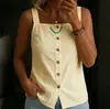 Chaleco de Algodón y Lino de Cuello Cuadrado de Botonadura Única para Mujer, Top Casual Versátil Refrescante sin Mangas, Venta al por Mayor Transfronteriza en Stock