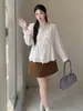 Blusa Blanca de Algodón con Escote en V y Encaje para Mujer Tallas Grandes Inno Otoño 2026 Nuevo Dulce Top Adelgazante 8325392