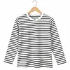 Fábrica de roupas de origem outono novo plus size listrada gola V pequena feminina manga longa camiseta OEM ODM fabricação personalizada