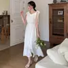 Nuevo Vestido Largo Delgado de Verano Temprano Estilo Coreano Ins Francés con Diseño de Escote de Una Línea Cordones con Aspecto de Lazo