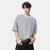 Camiseta para niños, holgada y ligera, top de verano para hombre moderno retro de manga corta, estilo japonés, camisa de rayas de manga corta con cuello redondo para hombre