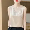 Camisola de satén de acetato con cuello en V y jacquard estilo chino para mujer, fina, simple, versátil, sin mangas, para el verano