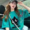 Explosiones de Verano Moda Nacional Diseño de Salpicaduras de Tinta Camiseta Suelta de Algodón Puro para Mujer Estilo Coreano Ins Dibujos Animados Graffiti Top de Longitud Media Moda