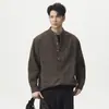 Camisa Workwear Retrô Americana de Manga Longa Masculina 2026 Primavera Nova Casual Solta Algodão Puro Gola Alta Bolso Duplo