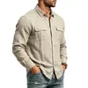 Website independente transfronteiriço: Camisa masculina de linho lisa para outono com colarinho mandarim, estilo casual de trabalho, com bolsos e design de abertura total frontal