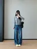 Calça pantalona justa de cintura alta brilhante para o início do outono, design emagrecedor e ultramoderno, jeans pantalona retrô para mulheres H081705