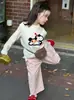 Conjunto de Roupa Doce para Meninas 26 Outono Desenho Animado Infantil Colete de Tricô Camiseta Básica de Bebê Calça Longa Casual Rosa para Criança Pequena